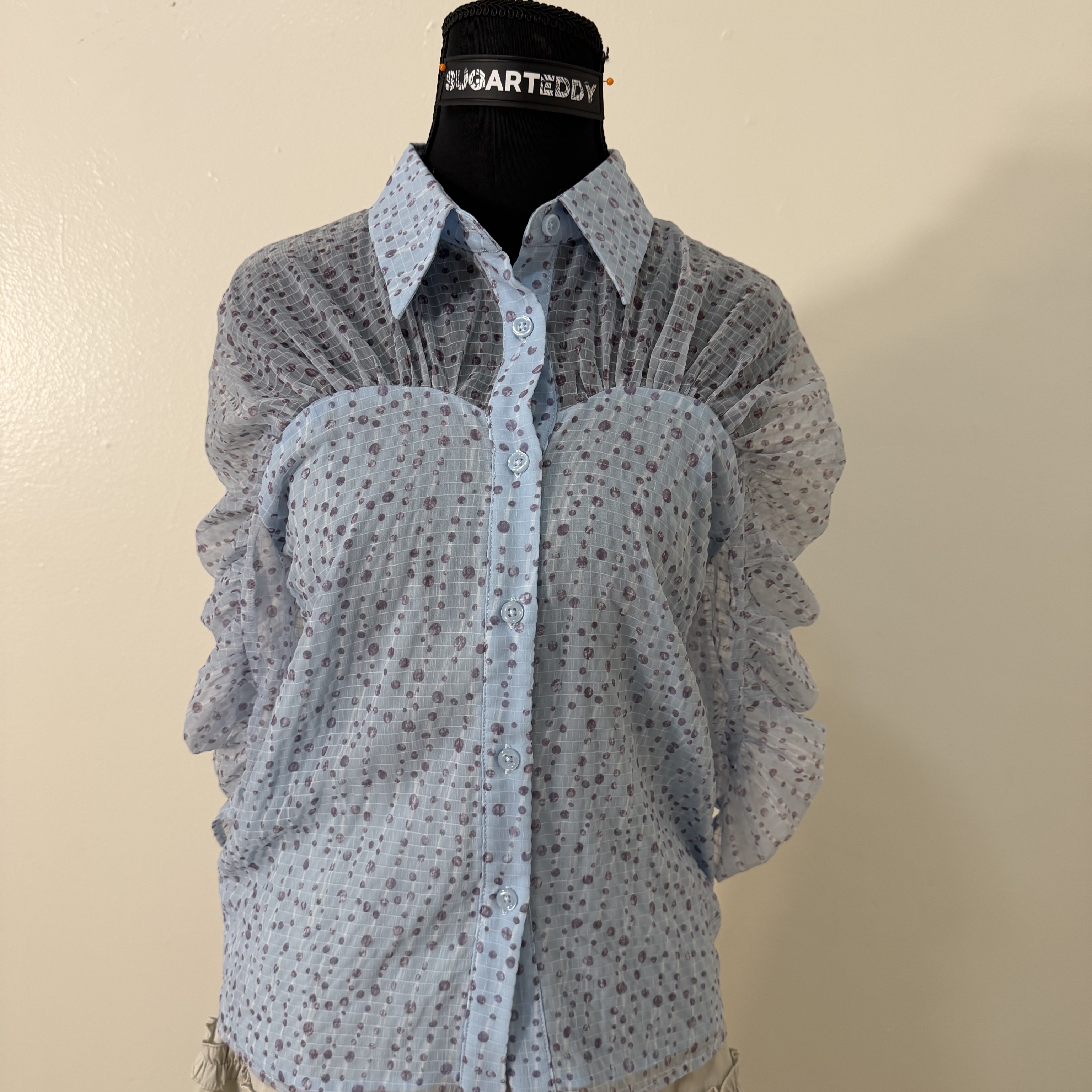 Elegant Statement Top Blue Sheer Blouse, Rare Vietnamese Pantio Brand.